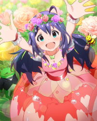 Rule 34 | 10s, 1girl, :d, ahoge, aqua eyes, artist request, bee, blue hair, bug, dress, flower, frog, head wreath, heart, idolmaster, idolmaster million live!, bug, jewelry, long hair, looking at viewer, mochizuki anna, necklace, official art, open mouth, outstretched arms, smile