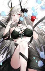 Rule 34 | 1girl, absurdres, apple, arknights, bikini, bitten apple, black bikini, black collar, blue flower, breasts, collar, cowboy shot, demon horns, flower, food, food bite, fruit, grey hair, hair ornament, hands up, highres, holding, holding food, holding fruit, horns, infection monitor (arknights), jewelry, kkk dami, knee up, long hair, material growth, medium breasts, mudrock (arknights), mudrock (silent night) (arknights), necklace, official alternate costume, oripathy lesion (arknights), red eyes, solo, swimsuit, white background