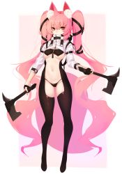 Rule 34 | 1girl, animal ear fluff, animal ears, axe, black bodysuit, bodysuit, breasts, commentary request, covered mouth, cropped jacket, dev (dev0614), dual wielding, fox ears, fox girl, fox tail, full body, hair between eyes, holding, holding axe, jacket, long hair, long sleeves, medium breasts, no shoes, orange eyes, original, pink background, pink hair, solo, standing, tail, twintails, two-tone background, underboob, very long hair, white background, white jacket