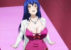 Rule 34 | 1girl, arm support, blue hair, blush, body blush, breasts, brown eyes, cleavage, collarbone, exercising, female focus, floor, from above, hair between eyes, indoors, jewelry, kneeling, lab coat, large breasts, long hair, looking up, maken-ki!, nijou aki, nurse, open mouth, pendant, screencap, shadow, shiny skin, smile, solo, stitched, takami akio, third-party edit