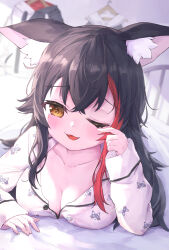 Rule 34 | 1girl, ;d, absurdres, animal ears, bed, black hair, blurry, blurry background, breasts, brown eyes, cleavage, collarbone, collared shirt, commentary request, depth of field, dress shirt, hair between eyes, hand up, highres, hololive, indoors, long hair, long sleeves, masaki (msk064), medium breasts, multicolored hair, one eye closed, ookami mio, open mouth, pajamas, print pajamas, print shirt, puffy long sleeves, puffy sleeves, red hair, rubbing eyes, shirt, sleeves past wrists, smile, solo, streaked hair, under covers, virtual youtuber, white pajamas, white shirt, wolf ears, wolf print
