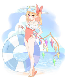 Rule 34 | 1girl, alternate costume, barefoot, blonde hair, blue sky, blush, bow, closed mouth, collarbone, commentary request, covered navel, crystal, double-parted bangs, eyelashes, eyewear on headwear, flandre scarlet, flat chest, flip-flops, frilled cuffs, frilled one-piece swimsuit, frills, frown, full body, hair between eyes, hair bow, hand on own hip, hand up, hat, heart, heart-shaped eyewear, highres, koroyarou, long hair, looking down, nail polish, ocean, one-piece swimsuit, pointy ears, rainbow order, red bow, red eyes, red nails, red one-piece swimsuit, red wrist cuffs, sandals, side ponytail, sky, slit pupils, solo, standing, striped innertube, sunglasses, swimsuit, thighs, touhou, tsurime, water, white hat, wings, wrist cuffs, ||/