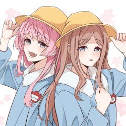 Rule 34 | 2girls, adjusting clothes, adjusting headwear, bang dream!, bang dream! it&#039;s mygo!!!!!, blue eyes, blue shirt, brown hair, chihaya anon, commentary request, fang, grey eyes, hand up, hat, highres, kindergarten uniform, long hair, long sleeves, multiple girls, nagasaki soyo, name tag, open mouth, parted lips, pink hair, school hat, shirt, simple background, smile, upper body, white background, yellow hat, yeyep0911