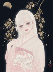 Rule 34 | 1girl, absurdres, black background, brown eyes, cherry blossoms, closed mouth, floral print, flower, full moon, hand up, head tilt, highres, japanese clothes, kimono, light smile, lips, long hair, long sleeves, looking at viewer, moon, night, obi, obiage, original, petals, pink kimono, print kimono, print sash, red lips, sash, seal impression, signature, skull, skull print, solo, upper body, ushiyama ame, white hair, white kimono, wide sleeves