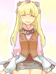 Rule 34 | 1girl, blonde hair, blush, braid, coat, closed eyes, flower, long hair, open mouth, rose, shirley fennes, shoes, skirt, tales of (series), tales of legendia