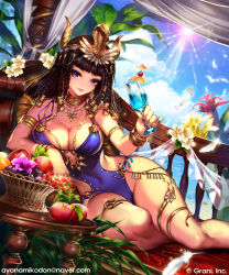 Rule 34 | 1girl, animal, apple, armlet, artist name, basket, beach, beads, bed, bird, black hair, blue eyes, blue nails, blue one-piece swimsuit, blunt bangs, blurry, bracelet, breasts, character request, cherry, closed mouth, clothing cutout, cloud, cloudy sky, cocktail glass, cocktail umbrella, collarbone, company name, covered navel, crown, crystal, cup, curtains, day, depth of field, dreadlocks, drink, drinking glass, dutch angle, earrings, egyptian, egyptian clothes, eyelashes, feathers, flower, food, fringe trim, fruit, gem, glint, grapes, hair ornament, hair tubes, head wings, highres, holding, holding cup, holding drinking glass, jewelry, large breasts, leaf, leaning to the side, lens flare, light particles, long hair, looking at viewer, nail polish, neck ring, necklace, ocean, on bed, one-piece swimsuit, orange (fruit), orange slice, orb, outdoors, pink lips, plant, purple flower, railing, ring, ring necklace, shade, shingoku no valhalla gate, side cutout, signature, sitting, sky, smile, snake, snake (ornament), snake hair ornament, solo, sparkle, starfish, strap gap, sun, sunlight, swimsuit, table, thighlet, transparent, watermark, web address, white flower, wings, wooden table, yoda (ayanamikodon), yokozuwari
