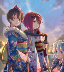 Rule 34 | 3girls, alternate costume, ark royal (kancolle), arrow (projectile), black gloves, blush, bob cut, brown hair, closed mouth, cloud, crescent, crescent hair ornament, floral print, flower, fur trim, gloves, hair between eyes, hair flower, hair ornament, hairband, highres, holding, japanese clothes, kaga (kancolle), kantai collection, kimono, long hair, long sleeves, multiple girls, new year, obi, outdoors, parted lips, ponytail, purple hair, red flower, red hair, red rose, rose, sash, short hair, side ponytail, sidelocks, signature, sky, smile, sunday aki, v, wide sleeves, yayoi (kancolle)
