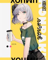 Rule 34 | 1girl, 2018, alternate costume, bare shoulders, belt, black belt, black collar, black ribbon, black skirt, bob cut, breasts, casual, character name, collar, commentary request, contemporary, cowboy shot, cup, green eyes, green shirt, grey background, hair ribbon, highres, holding, holding cup, konpaku youmu, looking at viewer, medium breasts, off-shoulder shirt, off shoulder, reeh (yukuri130), ribbon, shirt, short hair, short sleeves, silver hair, skirt, solo, spiked collar, spikes, standing, touhou, two-tone background, yellow background