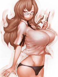 Rule 34 | 1girl, black panties, breasts, brown hair, cellphone, dress shirt, covered erect nipples, fumio (rsqkr), glasses, groin, huge breasts, impossible clothes, impossible shirt, kiryuu moeka, long hair, navel, nipples, panties, phone, red eyes, shirt, solo, steins;gate, underwear