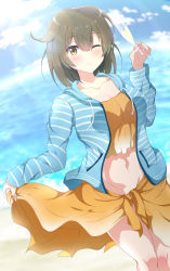 Rule 34 | 1girl, alternate costume, blue hoodie, blue sky, breasts, brown eyes, brown hair, crop top, cup, day, drinking glass, hair down, highres, hiryuu (kancolle), holding, holding cup, hood, hood down, hoodie, kantai collection, medium breasts, navel, one eye closed, open clothes, open hoodie, outdoors, sarong, short hair, sky, solo, striped clothes, striped hoodie, yellow sarong, yuyu hihi40