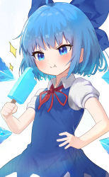 Rule 34 | 1girl, :t, ahoge, blue bow, blue dress, blue eyes, blue hair, blue wings, blush, bow, cirno, closed mouth, collared shirt, commentary, detached wings, dress, eating, english commentary, food, hair bow, hand on own hip, highres, holding, holding food, hub (havu obi), ice, ice wings, neck ribbon, popsicle, puffy short sleeves, puffy sleeves, red ribbon, ribbon, shirt, short sleeves, simple background, sleeveless, sleeveless dress, solo, sparkle, touhou, v-shaped eyebrows, white background, white shirt, wings