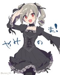 Rule 34 | 1girl, agata (agatha), bad id, bad pixiv id, black dress, black pants, black ribbon, blush, breasts, choker, collarbone, cross-laced clothes, dress, drill hair, frilled choker, frills, gothic lolita, grey hair, hair between eyes, hair ribbon, idolmaster, idolmaster cinderella girls, juliet sleeves, kanzaki ranko, lolita fashion, long hair, long sleeves, looking at viewer, open mouth, pants, pantyhose, puffy sleeves, red eyes, ribbon, simple background, small breasts, smile, solo, twin drills, twintails, white background