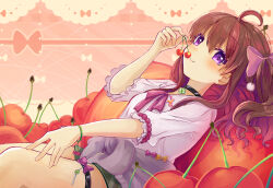 Rule 34 | 1girl, absurdres, ahoge, black choker, blush, bow, bracelet, brown hair, canaca chiyuri, cherry, choker, closed mouth, clothes around waist, clover ornament, colored eyelashes, commentary request, commission, cowboy shot, food, from side, fruit, hair between eyes, hair bow, hair ornament, hand up, heart, heart-shaped pupils, highres, holding, holding food, holding fruit, indie virtual youtuber, jewelry, leaning back, long hair, looking at viewer, lying, nagisa (virtual youtuber), neck ribbon, on back, one side up, pink bow, pink ribbon, pom pom (clothes), pom pom hair ornament, purple background, purple eyes, ribbon, second-party source, shirt, short sleeves, sidelocks, simple background, skeb commission, smile, solo, symbol-shaped pupils, thigh bow, thigh strap, virtual youtuber, wavy hair, white shirt