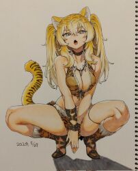 Rule 34 | 1girl, animal ears, animal print, blonde hair, breasts, choker, cleavage, fang, fur bikini, fur trim, green eyes, houtengeki, jewelry, long hair, medium breasts, necklace, open mouth, original, sandals, sidelocks, simple background, sketchbook, skin fang, solo, squatting, tail, thighs, tiger ears, tiger girl, tiger girl (houtengeki), tiger print, tiger tail, tooth necklace, traditional media, twintails, v arms, white background, wristband