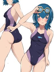 Rule 34 | 1girl, aged up, ass, blue eyes, blue hair, blush, breasts, commentary, creatures (company), fish, game freak, goggles, goggles on head, hand on own hip, hand up, highres, lana (pokemon), multiple views, nintendo, nishikino kee, one-piece swimsuit, pokemon, pokemon sm, shiny skin, simple background, small breasts, sweat, sweatdrop, swimsuit, symbol-only commentary, wet, white background