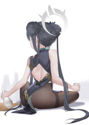 Rule 34 | 1girl, ass, back cutout, bare arms, black dress, black pantyhose, blue archive, butterfly hair ornament, choko (cup), clothing cutout, cup, double bun, dragon print, dress, from behind, fuyouchu, hair bun, hair ornament, halo, highres, holding, holding cup, kisaki (blue archive), long hair, pantyhose, pelvic curtain, simple background, sitting, sleeveless, sleeveless dress, solo, thighband pantyhose, tokkuri, twintails, very long hair, white background