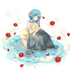 Rule 34 | 1girl, asuna (sao-alo), barefoot, blue eyes, blue hair, blush, breasts, cleavage, collarbone, feet, flower, hair ornament, head tilt, hibiscus, kneeling, leaning forward, long hair, looking at viewer, medium breasts, naked towel, official art, parted lips, petals, pointy ears, red flower, solo, steam, sword art online, towel, transparent background, water, yellow towel