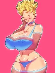 Rule 34 | 1girl, ^ ^, alternate body size, alternate breast size, bare shoulders, bedaxe, blonde hair, blue bra, blue choker, blue panties, blush, bra, breasts, choker, cleavage, closed eyes, collaboration, collarbone, cowboy shot, curvy, dragon ball, dragon ball super, dragonball z, earrings, elbow gloves, female focus, fingerless gloves, fishnet gloves, fishnet thighhighs, fishnets, gloves, highres, huge breasts, jewelry, large breasts, lingerie, lipstick, makeup, mature female, navel, nipples, outline, panchy, panties, pink background, rickert kai, shiny skin, short hair, simple background, smile, solo, standing, thick thighs, thighhighs, thighs, underwear, underwear only, white outline