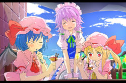 Rule 34 | 3girls, :d, ^ ^, ascot, blonde hair, blue hair, blush, braid, brooch, closed eyes, day, ema20, female focus, flandre scarlet, food, frills, gem, hat, ice cream, izayoi sakuya, jewelry, letterboxed, light purple hair, maid, mob cap, multiple girls, open mouth, outdoors, ponytail, puffy short sleeves, puffy sleeves, red eyes, remilia scarlet, short hair, short sleeves, side ponytail, smile, spoon, touhou, twin braids, vampire, white hair
