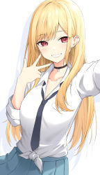 Rule 34 | 1girl, absurdres, blonde hair, breasts, cleavage, collarbone, ear piercing, earrings, grin, highres, jewelry, kitagawa marin, looking at viewer, loose necktie, nail polish, necktie, open collar, piercing, pleated skirt, red eyes, school uniform, selfie, shirt, simple background, skirt, smile, solo, sono bisque doll wa koi wo suru, tennen inari, tied shirt, w, white background