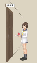 Rule 34 | 1girl, absurdres, black footwear, blue sailor collar, bottle, brown eyes, brown hair, can, chagamaka, coca-cola, door, dress, drink can, grey socks, headset, highres, kantai collection, loafers, neckerchief, pizza box, sailor collar, sailor dress, shoes, short hair, sign, socks, soda can, solo, speaking tube headset, standing, yellow neckerchief, yukikaze (kancolle)