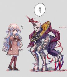 Rule 34 | 2girls, all fours, armor, bald, blood, blood on face, collared dress, dress, full body, grey background, grey shirt, highres, horns, intestines, long hair, long sleeves, looking at another, magia record: mahou shoujo madoka magica gaiden, magical girl, mahou shoujo madoka magica, momoe nagisa, multiple girls, neck ribbon, open mouth, pants, pink dress, puffy short sleeves, puffy sleeves, purple pants, ribbon, shirt, short sleeves, single horn, smile, speech bubble, standing, stitched mouth, stitches, sweatdrop, totte, twitter username, two side up, yellow eyes, yumeno yusa