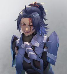Rule 34 | 1girl, armor, ashera (xenoblade), black hair, blood, breasts, dark-skinned female, dark skin, gloves, hair ornament, heavelle, large breasts, open mouth, ponytail, red eyes, shoulder armor, simple background, smile, teeth, xenoblade chronicles (series), xenoblade chronicles 3