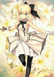 Rule 34 | 1girl, ahoge, artoria pendragon (all), artoria pendragon (fate), black ribbon, blonde hair, breasts, cleavage, dress, eyes visible through hair, fate/grand order, fate/stay night, fate/unlimited codes, fate (series), flower, green eyes, hair between eyes, hair ribbon, holding, holding sword, holding weapon, official art, pantyhose, resized, ribbon, saber (fate), saber lily, small breasts, smile, solo, standing, sword, takeuchi takashi, upscaled, waifu2x, weapon, white dress