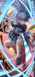 Rule 34 | 1girl, absurdres, bare legs, black dress, black footwear, black hair, blue bow, blue eyes, blunt bangs, bow, breasts, closed mouth, coin, dress, dual wielding, frills, hair bow, highres, holding, holding sword, holding weapon, juliet sleeves, large breasts, loafers, long sleeves, looking at viewer, multicolored hair, on one knee, panty &amp; stocking with garterbelt, pink hair, puffy sleeves, shoes, silvertsuki, smile, solo, stocking (psg), sword, two-tone hair, weapon