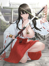 Rule 34 | 1girl, absurdres, black hair, blue eyes, blush, bracelet, breasts, cleavage, closed mouth, full body, glint, hakama, hakama skirt, highres, holding, holding sword, holding weapon, japanese clothes, jewelry, katana, kimono, kneeling, large breasts, long hair, looking at viewer, miko, necklace, on one knee, original, ribbon-trimmed sleeves, ribbon trim, sheath, shisshou senkoku, skirt, smile, solo, sword, torii, unsheathing, weapon, wide sleeves