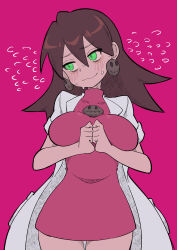 Rule 34 | 1girl, absurdres, arms under breasts, breasts, brown hair, buzzlyears, coat, commentary, covered collarbone, dress, earrings, fangs, glowing, glowing eyes, green eyes, highres, jewelry, lab coat, large breasts, looking to the side, medium hair, mega man (series), mega man legends (series), nervous smile, nervous sweating, pink background, pink dress, simple background, smile, solo, sweat, tron bonne (mega man)