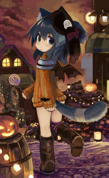 Rule 34 | 1girl, :p, animal ears, bat wings, black eyes, black hair, blush, boots, candy, cat ears, cat tail, dress, food, halloween, jack-o&#039;-lantern, lollipop, long sleeves, looking at viewer, looking back, original, pappii (paprika shikiso), paprika shikiso, ribbed sweater, short hair, single thighhigh, solo, striped clothes, striped thighhighs, sweater, sweater dress, tail, thighhighs, tongue, tongue out, wings