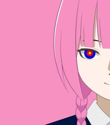 Rule 34 | 1girl, blue eyes, blunt bangs, braid, closed mouth, collared shirt, commentary request, hair over shoulder, kaf (kamitsubaki studio), kamitsubaki studio, long hair, looking at viewer, multicolored eyes, panasonynet, pink background, pink hair, red eyes, shirt, simple background, smile, solo, split crop, straight-on, virtual youtuber, yellow pupils