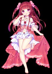 Rule 34 | 1girl, :d, ankle garter, barefoot, black background, blush, bow, brown hair, chuor (chuochuoi), detached collar, dress, feet, finger to mouth, hair bow, halterneck, head tilt, layered skirt, legs, long hair, looking at viewer, open mouth, original, pink bow, pink dress, purple eyes, see-through, short sleeves, simple background, skirt, smile, solo, standing, standing on one leg, toenails, two side up, very long hair, white skirt