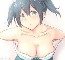 Rule 34 | 10s, 1girl, bare shoulders, black hair, blush, bra, breasts, cleavage, collarbone, female focus, grey eyes, kanden sky, kantai collection, large breasts, looking at viewer, off shoulder, solo, souryuu (kancolle), twintails, underwear, undressing, upper body