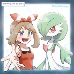 Rule 34 | 2girls, arm up, artist name, bare shoulders, blue border, blue eyes, bob cut, border, bracelet, breasts, brown hair, closed mouth, collarbone, colored skin, creatures (company), fanny pack, female focus, flat chest, foreshortening, game freak, gardevoir, gen 3 pokemon, green hair, green skin, hair over one eye, hairband, happy, highres, holding hands, jewelry, korean text, looking at viewer, may (pokemon), medium breasts, medium hair, mikka tsukiyo, multicolored skin, multiple girls, nintendo, one eye covered, open mouth, outside border, outstretched arm, pokemon, pokemon (creature), pokemon oras, reaching, reaching towards viewer, red eyes, red hairband, red shirt, shirt, short hair, signature, simple background, sleeveless, sleeveless shirt, smile, standing, teeth, translation request, twitter username, two-tone skin, upper body, white background, white skin