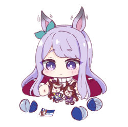 Rule 34 | &gt; &lt;, . ., 1girl, :d, > <, animal ears, blush, bow, brown hair, closed eyes, closed mouth, commentary request, ear ribbon, figure, gashapon, green ribbon, horse ears, jacket, long hair, lying, mejiro mcqueen (umamusume), motion lines, nozo (hitomiz), on stomach, open mouth, purple eyes, purple hair, purple jacket, ribbon, short eyebrows, simple background, smile, solo, thick eyebrows, tokai teio (umamusume), track jacket, umamusume, white background, xd