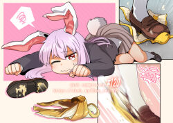 Rule 34 | 1girl, animal ears, banana peel, black jacket, blazer, blush, bon (rump), brown footwear, brown skirt, closed mouth, commentary request, commission, crying, crying with eyes open, frown, full body, jacket, loafers, long hair, long sleeves, medium bangs, messy hair, one eye closed, purple hair, rabbit ears, rabbit girl, rabbit tail, red eyes, reisen udongein inaba, shirt, shoe soles, shoes, skeb commission, skirt, slipping, socks, spoken squiggle, squiggle, tail, tears, touhou, wavy mouth, white shirt, white socks