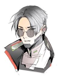 Rule 34 | 1boy, absurdres, apex legends, black jacket, classified crypto, crypto (apex legends), grey eyes, grey hair, highres, jacket, looking at viewer, male focus, official alternate costume, parted lips, portrait, round eyewear, shirt, sketch, solo, song tan shui, sunglasses, white background, white shirt