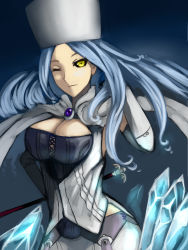 Rule 34 | 1girl, belinda, black sclera, blue hair, breasts, cape, cleavage, colored sclera, corset, elbow gloves, gloves, hat, highres, huge breasts, ice, kumiko shiba, long hair, miniskirt, one eye closed, skirt, skull, solo, staff, unlight, white gloves, wink