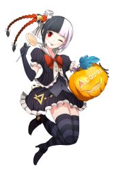 Rule 34 | 1girl, ;p, acquire-chan, acquire corp, black gloves, black hair, blunt bangs, braid, candy, dress, elbow gloves, food, full body, gloves, high heels, highres, holding, jack-o&#039;-lantern, lollipop, long hair, looking at viewer, multicolored hair, one eye closed, red eyes, short sleeves, solo, strapless, strapless dress, striped clothes, striped thighhighs, thighhighs, tongue, tongue out, transparent background, twin braids, vertical stripes