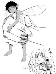 Rule 34 | 1boy, 1girl, alternate species, bare arms, bare shoulders, barefoot, blush, cupping hands, dark-skinned male, dark skin, dungeon meshi, elf, fairy, fairy (dungeon meshi), fairy wings, flying sweatdrops, highres, holding miniperson, in palm, kabru, long hair, looking at another, looking at viewer, low-tied long hair, milsiril (dungeon meshi), mini person, miniboy, multiple views, own hands together, pointy ears, short hair, sibelius, size difference, sleeveless, sweat, wings