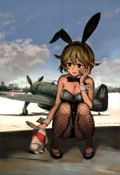 Rule 34 | 1girl, absurdres, aircraft, breasts, brown hair, city, cleavage, cloud, hair ornament, hairclip, hand on own cheek, hand on own face, highres, leotard, nogami takeshi, pantyhose, playboy bunny, rabbit, scan, short hair, sky, solo, squatting, wrist cuffs