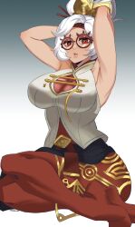 Rule 34 | 1girl, armpits, arms up, bare arms, bare shoulders, breasts, ceroccb, collarbone, double bun, eyeshadow, glasses, hair bun, hair ornament, hair stick, hair up, highres, large breasts, makeup, nintendo, pantyhose, purah, red-framed eyewear, red eyes, red eyeshadow, red pantyhose, round eyewear, sheikah, sleeveless, the legend of zelda, the legend of zelda: tears of the kingdom, white hair