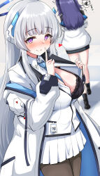 Rule 34 | 2girls, between breasts, black bra, black pantyhose, blue archive, blue necktie, blurry, blurry background, blush, bra, breasts, closed mouth, collared shirt, finger to mouth, grey hair, halo, headphones, heart, highres, jacket, large breasts, long hair, long sleeves, looking at viewer, machismo fuji, multiple girls, necktie, necktie between breasts, nipples, noa (blue archive), off shoulder, pantyhose, pleated skirt, purple eyes, purple hair, shirt, shushing, skirt, smile, solo focus, translation request, underwear, white jacket, white shirt, white skirt, yuuka (blue archive)