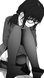 Rule 34 | 1girl, blush, feet, glasses, highres, long hair, looking at viewer, monochrome, no shoes, pantyhose, school uniform, shy, soles, toes