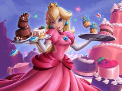 Rule 34 | absurdres, berry, blonde hair, blue background, blue eyes, breasts, cake, cherry, chocolate, chocolate cake, crown, cupcake, doughnut, dress, earrings, elbow gloves, european clothes, food, food focus, fruit, gloves, highres, holding, holding tray, jewelry, lipstick, makeup, mario (series), medium breasts, nintendo, one eye closed, pink dress, princess peach, smile, sofie-spangenberg, sphere earrings, strawberry, super mario bros. 1, super mushroom, super star (mario), tongue, tongue out, tray, white gloves