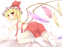 Rule 34 | 1girl, aibumi, all fours, ass, bad id, bad pixiv id, bent over, blonde hair, blush, bobby socks, bow, censored, convenient censoring, female focus, flandre scarlet, floral background, flower, hat, hat ribbon, looking back, paw pose, pen-zin, red eyes, ribbon, short hair, side ponytail, skirt, socks, solo, topless, touhou, white socks, wings