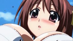 Rule 34 | 1girl, angry, animated, animated gif, blush, bouncing breasts, breasts, brown hair, cleavage, cloud, large breasts, mitsuki sohara, outdoors, screencap, sky, solo, sora no otoshimono