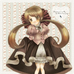 Rule 34 | 1girl, aoyama homare, brown hair, cherry print, clothes lift, dress, food print, knees together feet apart, legs together, long hair, long sleeves, looking at viewer, neck ribbon, original, puffy sleeves, ribbon, skirt, skirt lift, smile, solo, twintails, very long hair